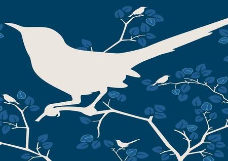 Blue Bird  - branches, blue flowers, art, white bird silhouette