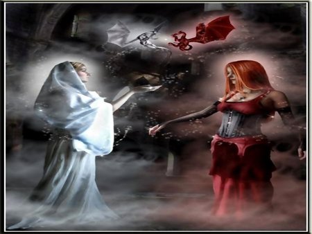 DRAGON WITCHES - white, female, red, dragon, witches