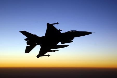 Sunrise - air, jet, firepower, fighter, plane, aircraft, wing, force, military