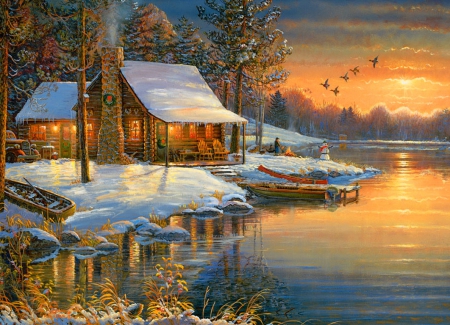 The good life - nice, cottage, season, trees, dock, joy, peaceful, sunset, painting, art, pretty, life, reflection, cold, evening, river, house, boat, ice, lake, winter, night, lovely, nature, frost, snow, beautiful, lights