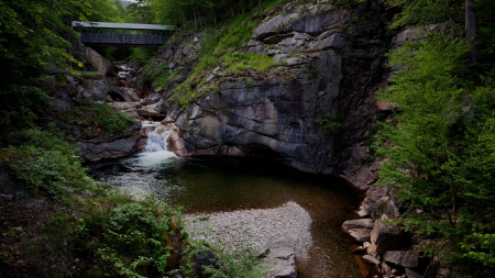 covered bridge over stream in zion np - covered, stream, forest, rocks, bridge