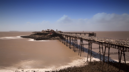 wonderful pier/bridge over island off shore - structure, shore, island, sea, bridge, pier