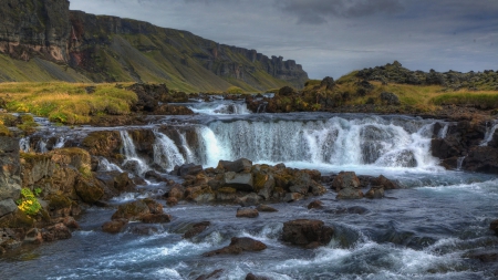 rocky river and falls - river, falls, grass, mountain, rocks