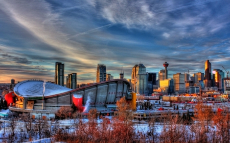 Saddledome, Calgary, Canada - alberta, skyscraper, trees, clouds, snow, city, hdr, sport arena