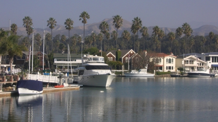 Nice Backyard (Ventura, Ca.) - reflections, california, boats, palmtrees, water, mountains, ventura