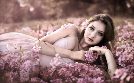 Softness Beauty - woman, beauty, girl, hydrangea, softness, beautiful, pink, flowers, brunette, flower