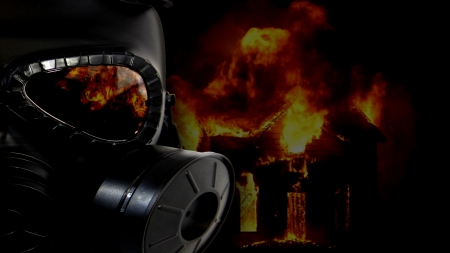 Apocalyptic - building, burning, mask, flames, gas, black, fire, flame, red, house