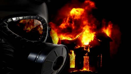 Apocalyptic - house, gas, flame, black, burning, mask, fire, red, building