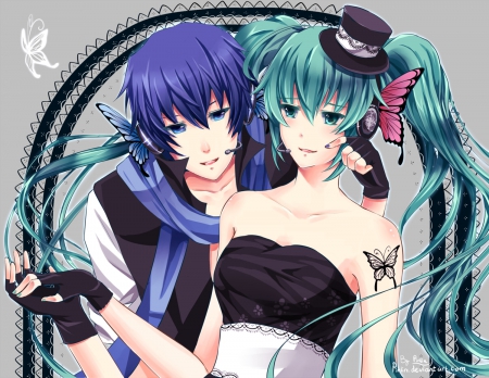 Hatsune & Kaito - love, hatsune miku, hat, couple, blue eyes, long hair, kaito, gloves, ponytails, microphones, vocaloid, romance, anime, friends, butterflies