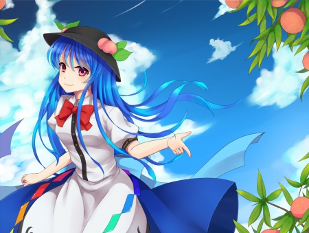 Have Some Fruit - hat, clouds, anime, hinanawi tenshi, long hair, pink eyes, touhou, blue hair, fruit, bow, sky