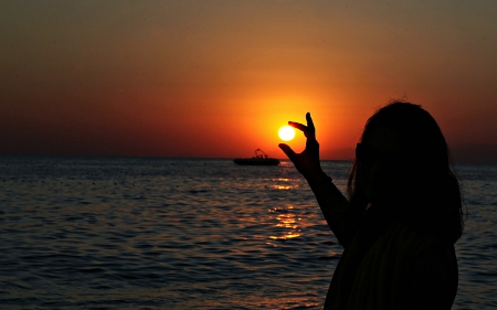 Grabbing the Sunset - Ocean, Sunset, Nature, Hand