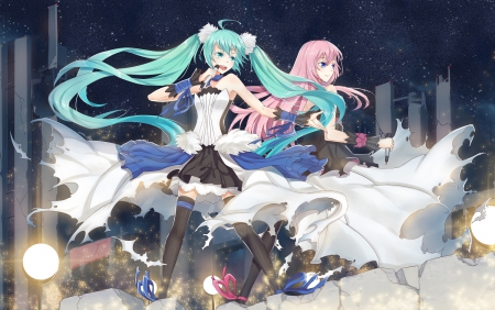 Hatsune & Megurine - anime, microphones, vocaloid, dress, hatsune miku, long hair, ponytails, megurine luka, friends, pink hair