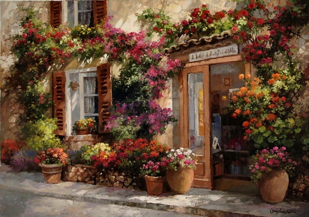 Flower Shop F5mp - scenery, artwork, beauty, romance, cityscape, wide screen, florist, painting, floral, art, flower shop