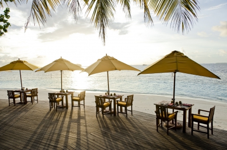 Sea Front Dining - lagoon, blue, pacific, beach, food, island, polynesia, sand, eat, dine, view, dining, exotic, paradise, hotel, south, sea, resort, ocean, islands, tropical, restaurant