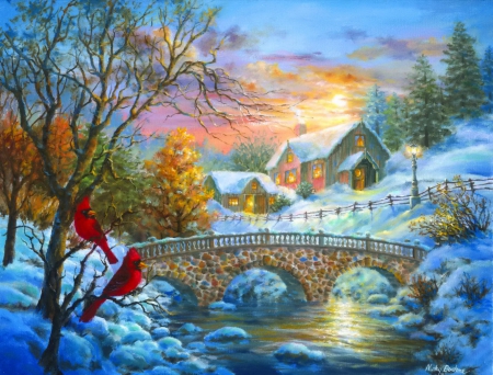 Winter sunset - cottage, colorful, sunset, creek, amazing, art, reflection, river, frozen, color, snowy, birds, landscape, nature, beautiful, frost, snow, nice, sky, peaceful, painting, quiet, walk, clouds, bridge, outdoor, fields, ice, winter, shore, lovely, cardinals, village, town