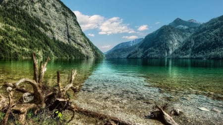 gorgeous lake hdr - lake, snag, mountains, hdr, shore