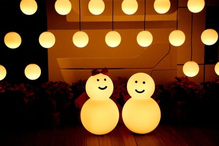 MRRY CHRISTMAS - bulbs, lamp, snow couple, decoration, christas