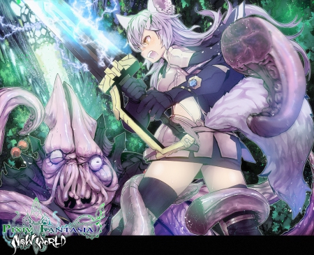 I KILL YOU! - anime, female, animal ears, forest, tail, long hair, white hair, monster, fight, weapon, nice, yellow eyes, anime girl, game, skirt, beautiful, sword, pixiv fantasia, beauty, cool, knight, fox tail, awesome, neko girl