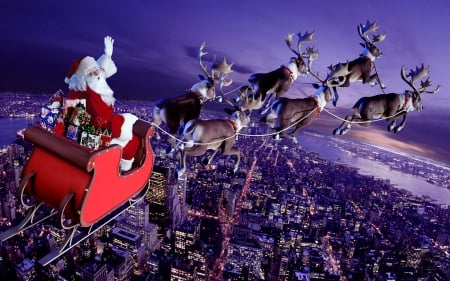 Santa's Sleigh - sleighride, skyscrapers, city, reindeers, houses