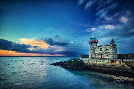 Lonesome Lighthouse - clouds, sunset, water, coast, hdr, sea