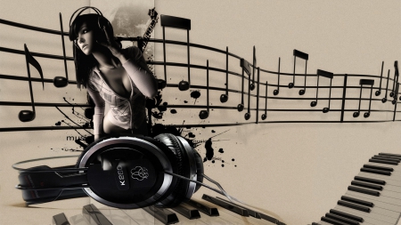 Music Girl - music, notes, girl, headphones