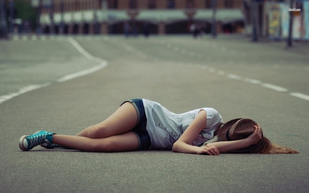 Lying On The Road - sleep, girl, road, beautiful