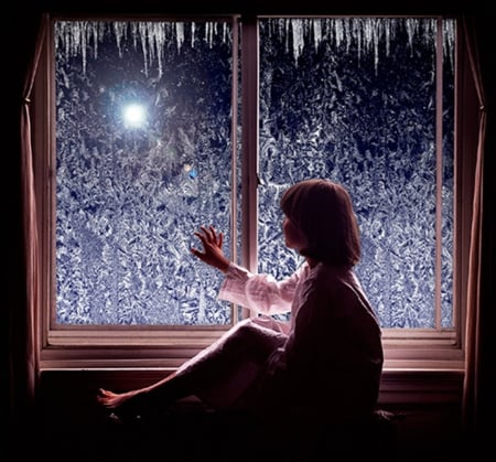 snowy window - window, snow, winter, childs, lights