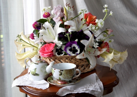 Still Life - table, tea, flowers, cup