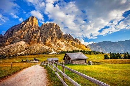 Landscape - clouds, house, splendor, road, landscape, fence, nature, mountains, cottage, sky