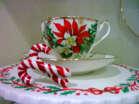 Christmas tea - candy canes, poinsettia, teacup, christmas