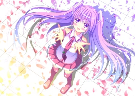 It's Raining Petals!! - tie, anime, vocaloid, skirt, boots, hatsune miku, petals, long hair, ponytails, sakura miku