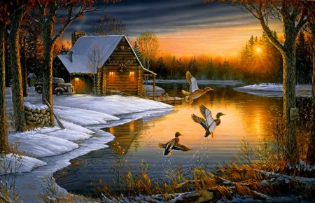 Winter sunset - cottage, christmans, sunset, cottages, art, amazing, reflection, river, frozen, snowy, birds, xmas and new year, lake, glow, nature, holidays, snow, beautiful, frost, cabin, sunrise, nic, nice, sky, dock, peaceful, painting, sunsets, paintings, morning, ice, attractions in dreams, rays, winter, lovely, christmas, village, ducks, love four seasons, lights