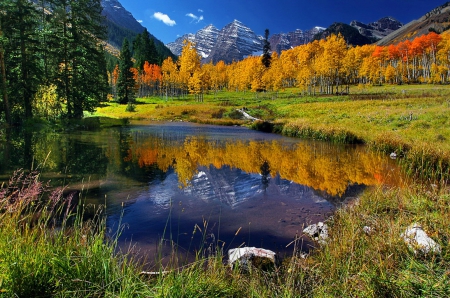 Fall foliage at Maroon Bells - nice, sky, autumn, trees, water, colorful, foliage, fall, reflection, pond, lake, landscape, falling, mountain, shore, lovely, beautiful, maroon bells, leaves