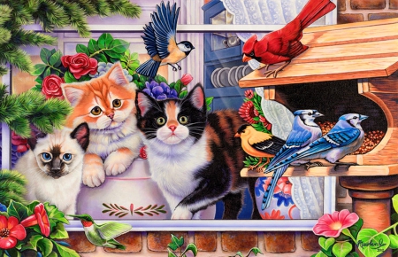 Dinner time - pretty, fun, birds, joy, leaves, birdhouse, dinner, kittens, cats, friends, nice, art, kitties, trees, beautiful, lovely, cardinals, colorful, time, painting