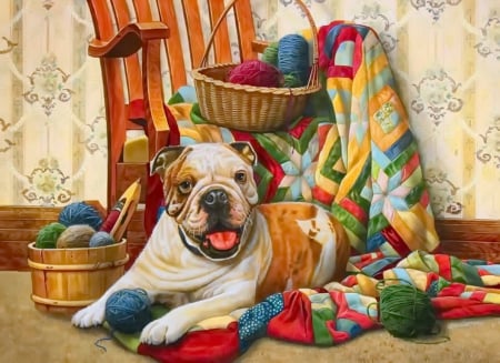 Cute bulldog - adorable, room, colorful, playing, lovely, painting, art, home, yarn, beautiful, sweet, bulldog, cute