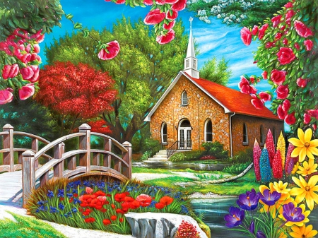 Serenity church - pretty, summer, creek, spring, church, flowers, countryside, garden, paradise, nice, place, sky, trees, beautiful, lovely, nature, serenity, peaceful, bridge