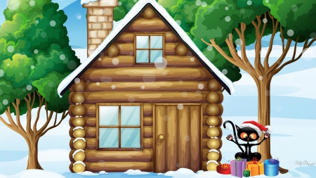 Cat Christmas Cottage - house, trees, winter, gifts, whimsical, snow, cat, Christmas, cottage