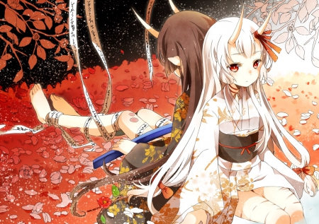 Demons - pretty, anime, female, demons, dress, long hair, white hair, horns, flowers, beauties, nice, anime girls, beautiful, kimono, lovely, brown hair, cool, sweet, petals, red eyes, red flowers, awesome, barefoot, cute