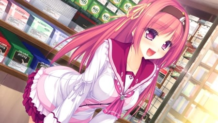 Can we go out? - pretty, anime, unoform, female, long hair, pink eyes, nice, pink hair, anime girl, game, beautiful, blush, beauty, lovely, cool, sweet, smile, awesome, cute