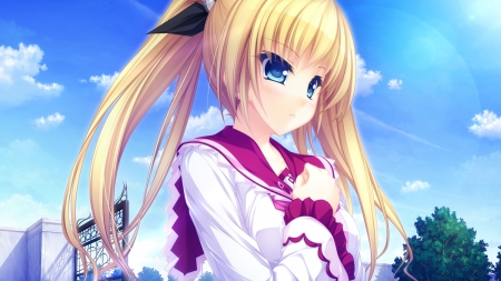 I hope you okay - pretty, anime, female, landscape, light, long hair, uniform, nice, sky, blue eyes, clouds, anime girl, game, trees, beautiful, blush, blonde hair, beauty, lovely, cool, sweet, awesome, cute