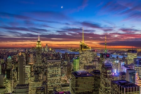 Sunset in New York - clouds, city, city lights, buildings, sunset, nature, skyscrapers, new york, sky