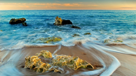 wonderful seashore - horizon, foam, beach, sea, rocks