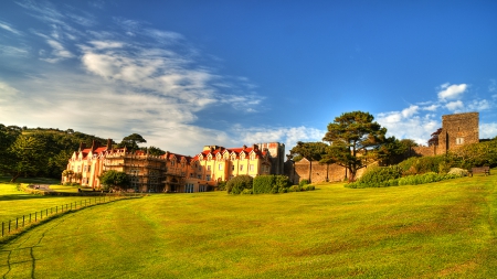 wonderful castle in exmoor united kingdom - fence, sky, lawn, trees, castle