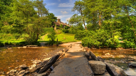 tarr steps a bridge on the river barle england - house, river, trees, lawn, stones, bridge