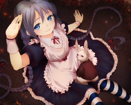 Miku In Wonderland - anime, vocaloid, dress, white rabbit, hatsune miku, long hair, braids, alice in wonderland, apron, ribbons, blue eyes