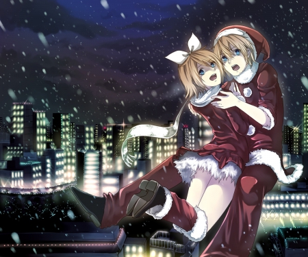 Merry Christmas!!! - anime, vocaloid, len and rin kagamine, snow, blonde, city, short hair, christmas, twins, friends, blue eyes