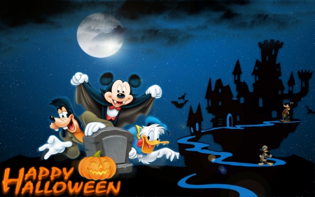 Happy halloween - gooffy, mickey mouse, halloween, childrens, night, pumpkin, luna, donald duck, cartoon, fantasy, mouse, moon, orange, disney