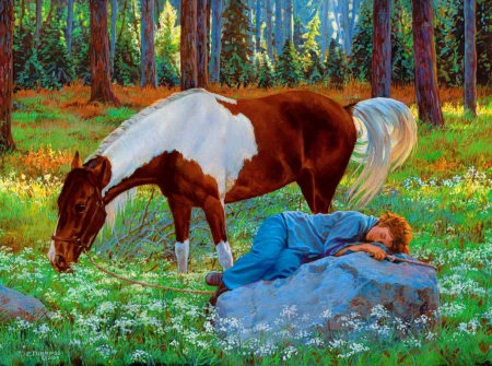 Horses and dreams - quiet, summer, forest, flowers, shild, field, nice, art, sleeping, kid, trees, beautiful, lovely, horse, dreams, wildflowers, nature, sleep, serenity