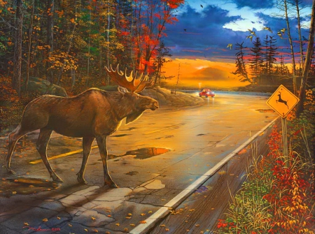 Crossing - sky, trees, shine, road, path, cross, painting, art, quiet, car, walk, clouds, rays, morning, sunlight, deer, serenity, glow, fiery, forest, beautiful, animal