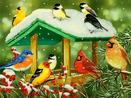 Winter treats - birds, snow, birdhouse, treats, frost, friends, nice, art, house, greenery, covered, branches, winter, beautiful, snowy, lovely, berries, cardinals, colorful, nature, snowflake, painting